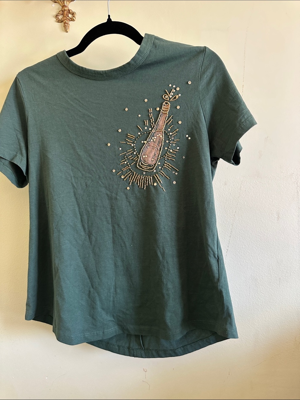 Pilcro Forest Green Tee with Beaded Embroidered Bottle Motif